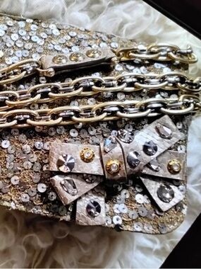 Henri Bendel Embellished Gold Sequin Chain Crossbody with Jeweled Bow